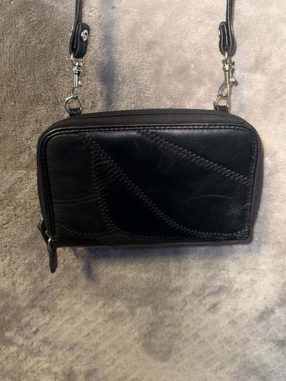 Carlos Falchi Black Leather Patchwork Crossbody Wallet Bag